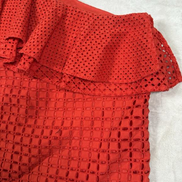 J Crew Top Red Eyelet Blouse Ruffle Lined Off the Shoulder Women's Size 4 - Picture 3 of 10